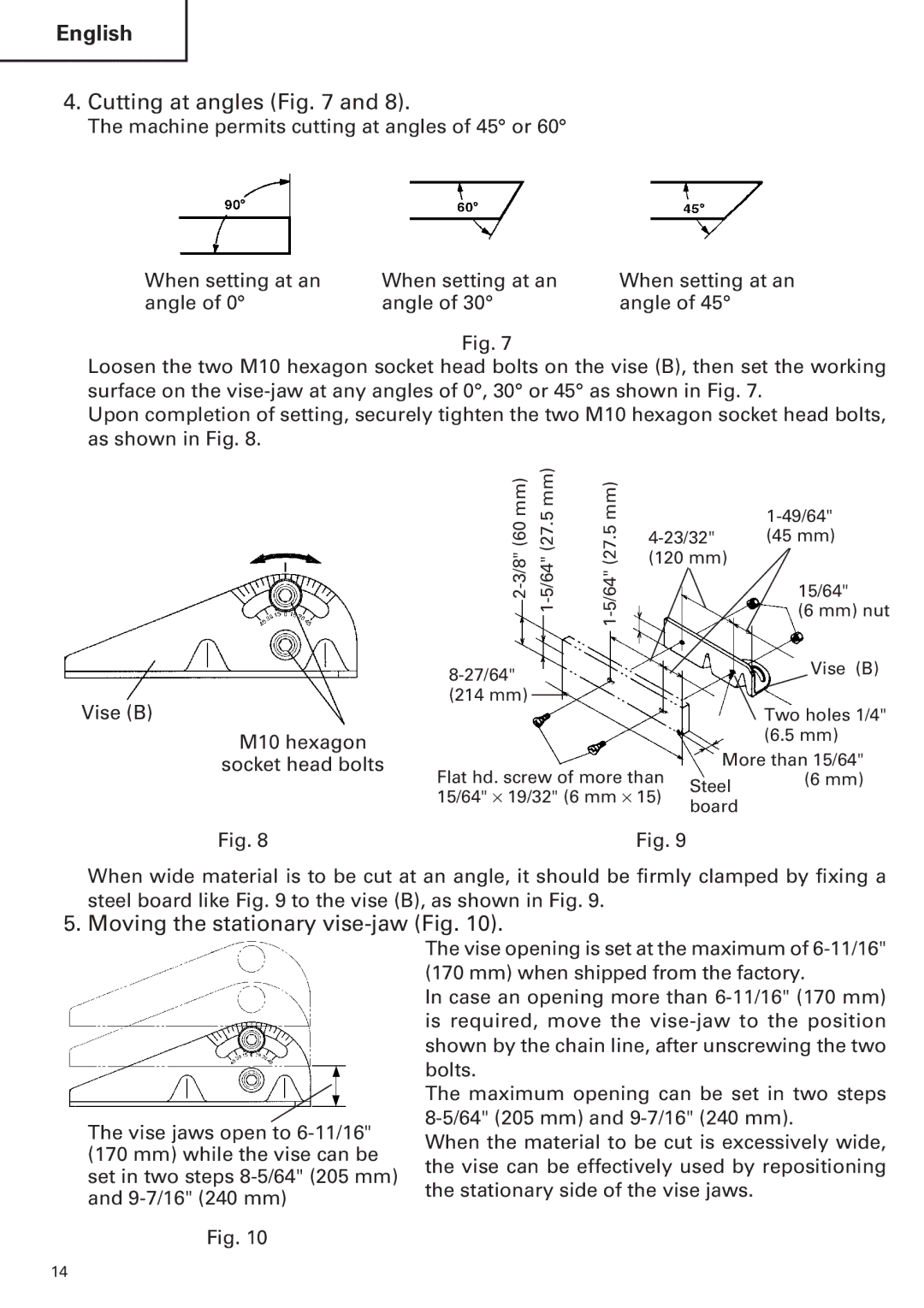 Hitachi CC14SE OM instruction manual Cutting at angles, Moving the stationary vise-jaw Fig 