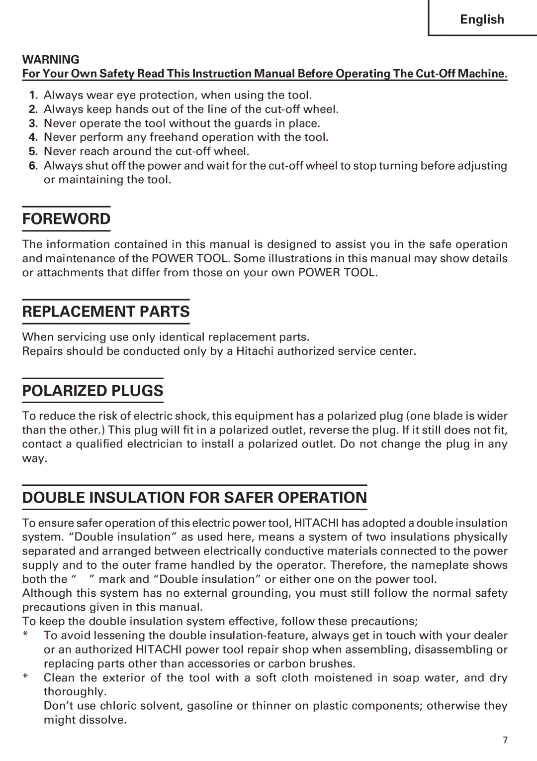 Hitachi CC14SE OM instruction manual Foreword, Replacement Parts, Polarized Plugs, Double Insulation for Safer Operation 