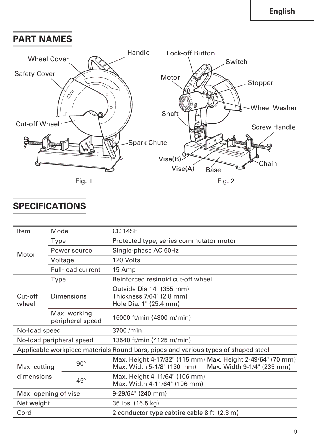 Hitachi CC14SE OM instruction manual Part Names, Specifications 