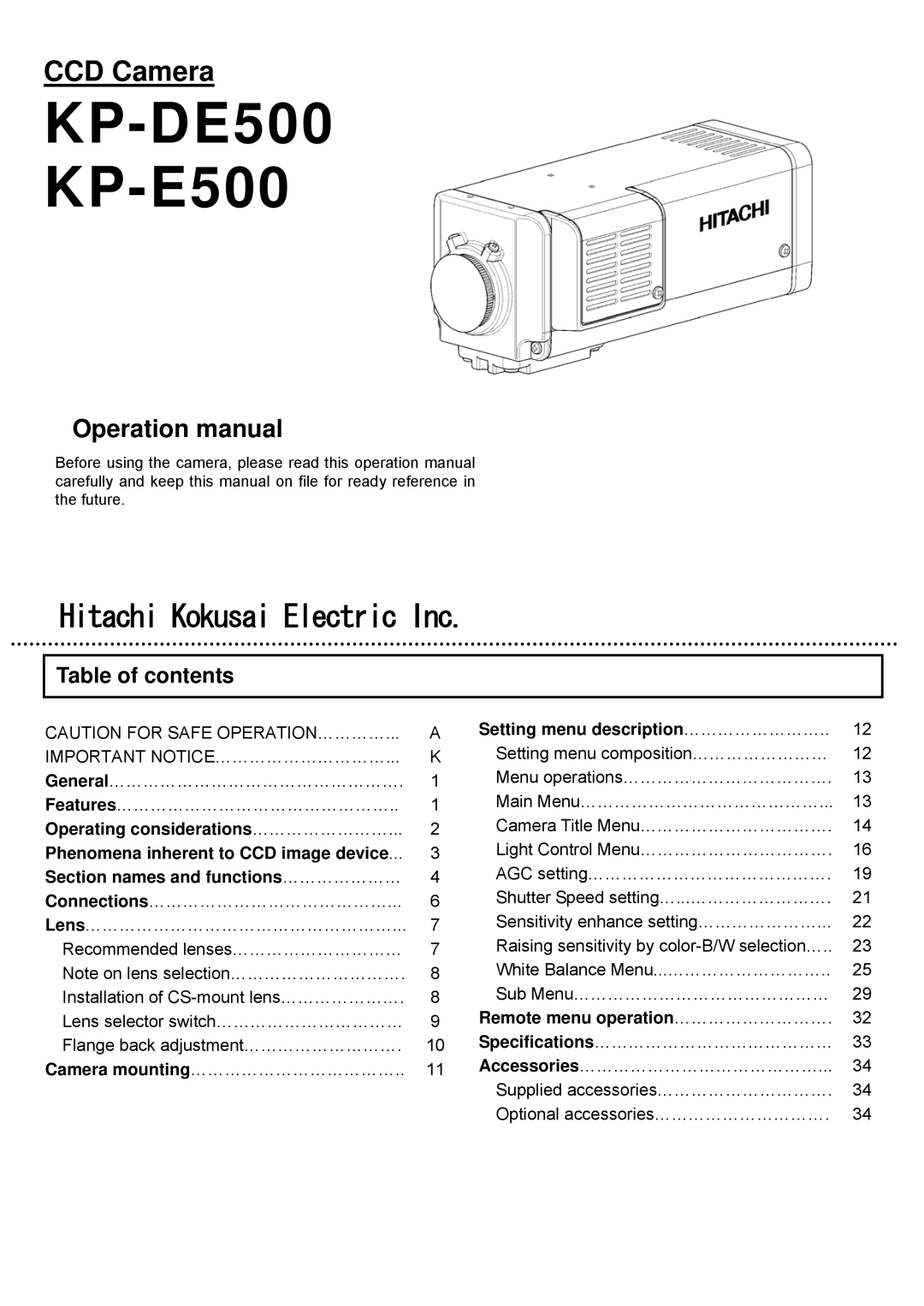 Hitachi CCD Camera operation manual KP-DE500 KP-E500, Table of contents 