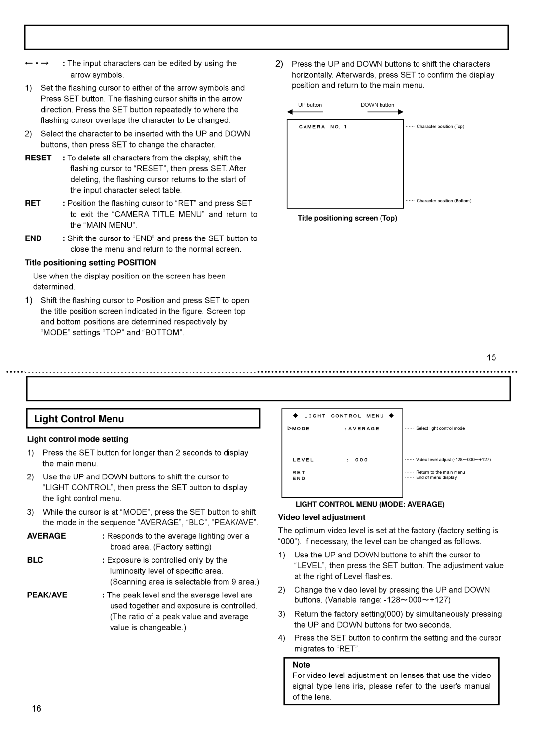 Hitachi KP-DE500, CCD Camera, KP-E500 operation manual Light Control Menu 