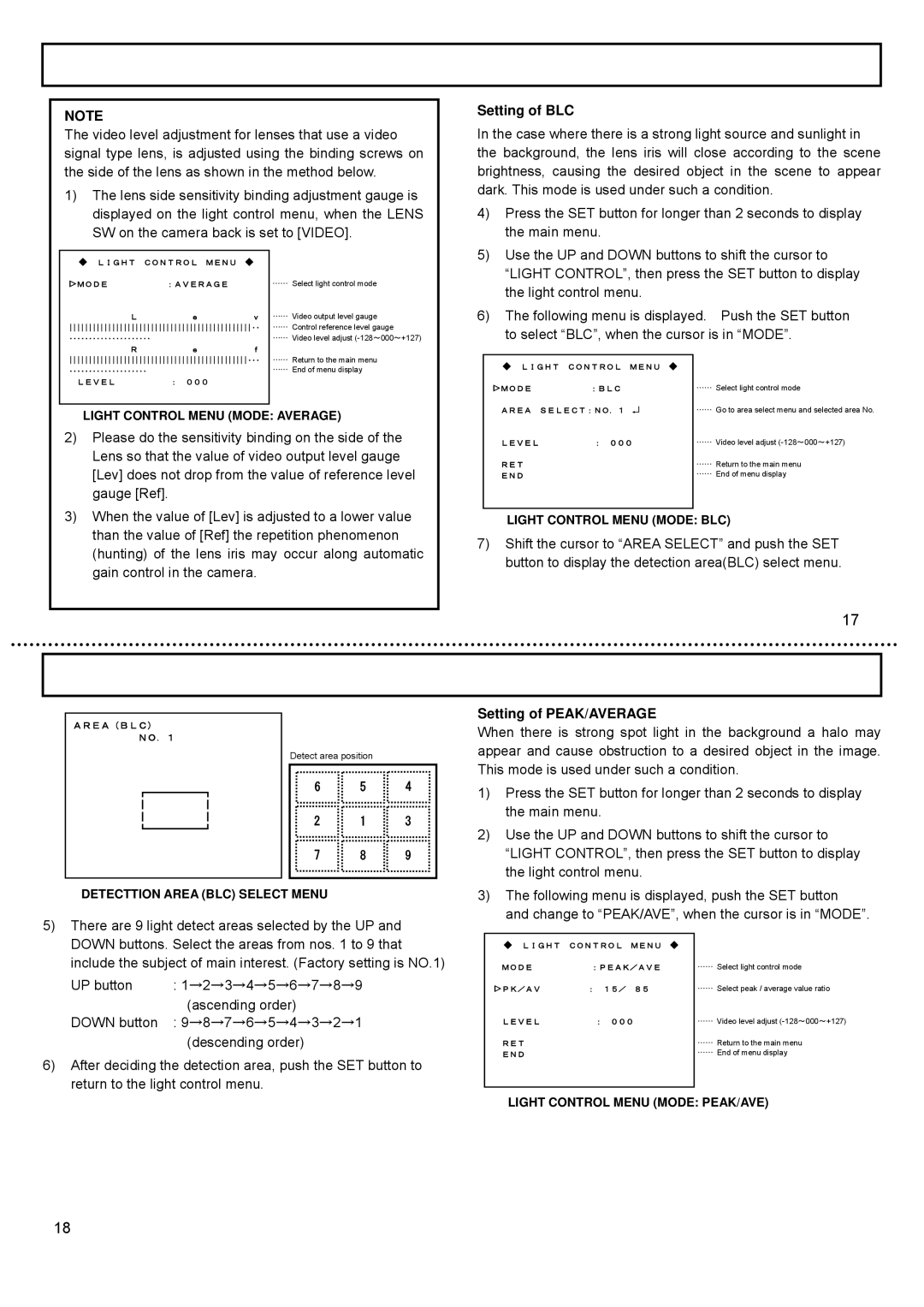 Hitachi KP-E500, CCD Camera, KP-DE500 operation manual Setting of BLC, Setting of PEAK/AVERAGE 