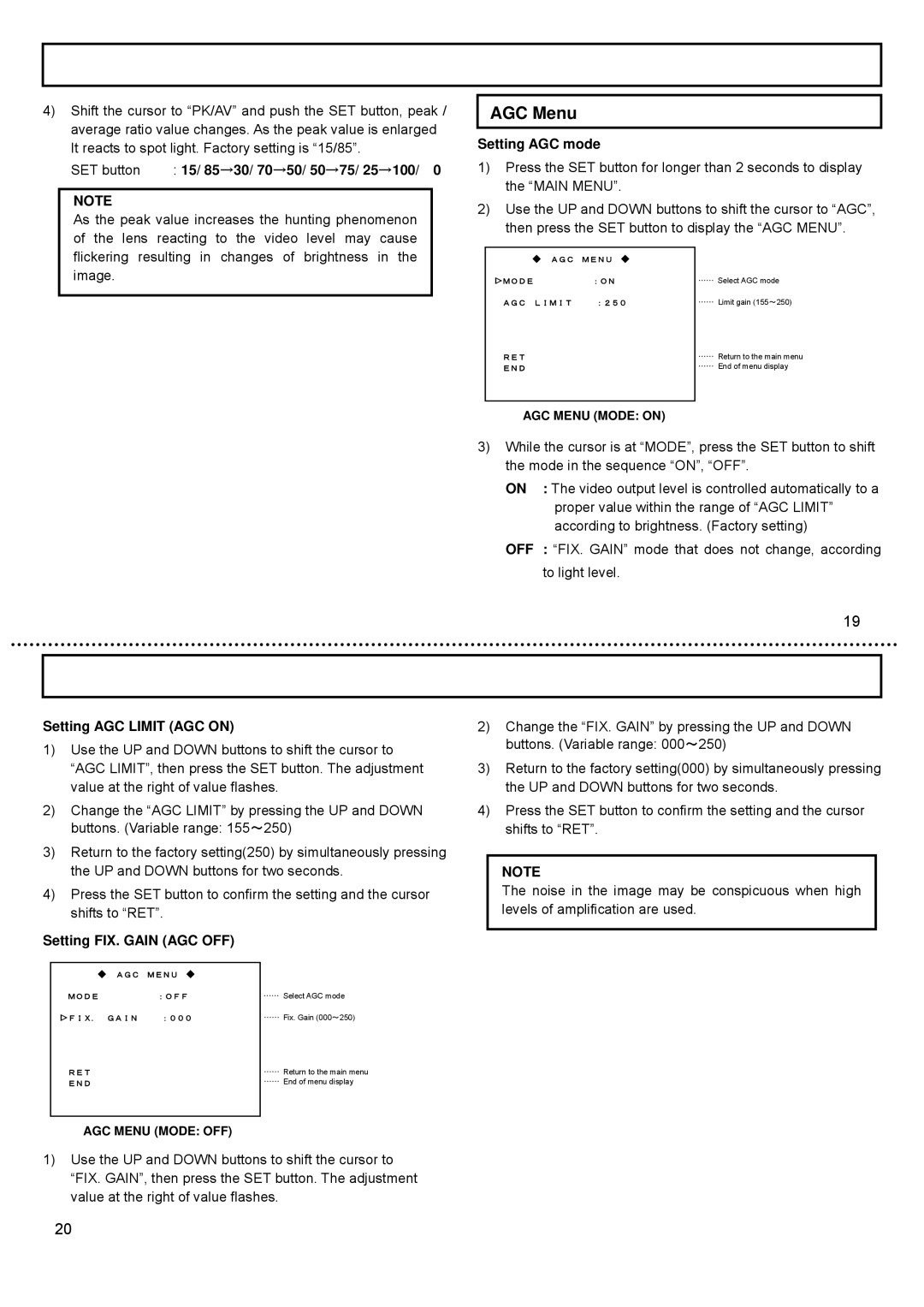 Hitachi CCD Camera AGC Menu, SET button 15/ 85→30/ 70→50/ 50→75/ 25→100, Setting AGC mode, Setting AGC Limit AGC on 