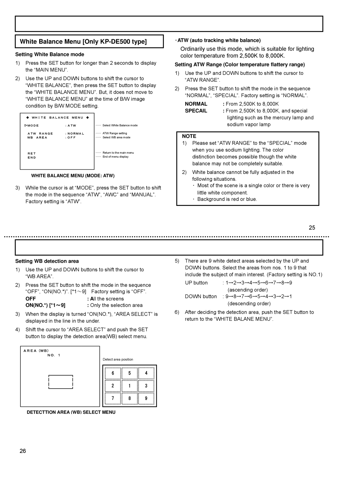 Hitachi CCD Camera, KP-E500 operation manual White Balance Menu Only KP-DE500 type, Normal, Specail 