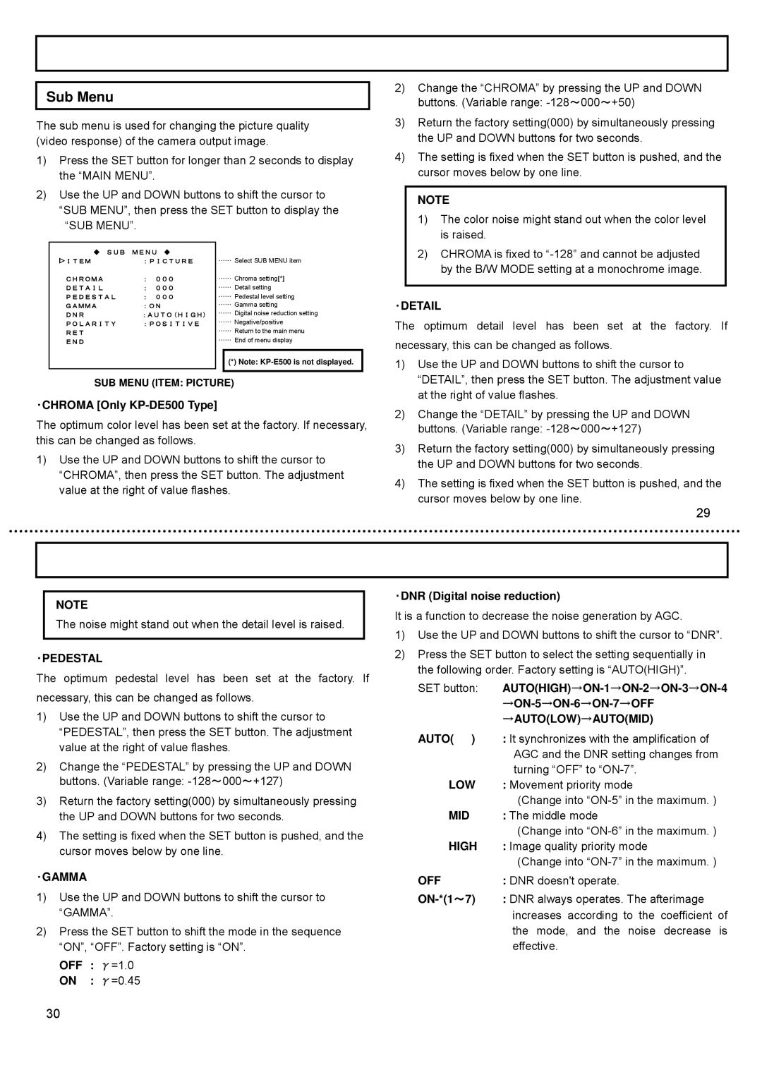 Hitachi KP-E500, CCD Camera, KP-DE500 operation manual Sub Menu 