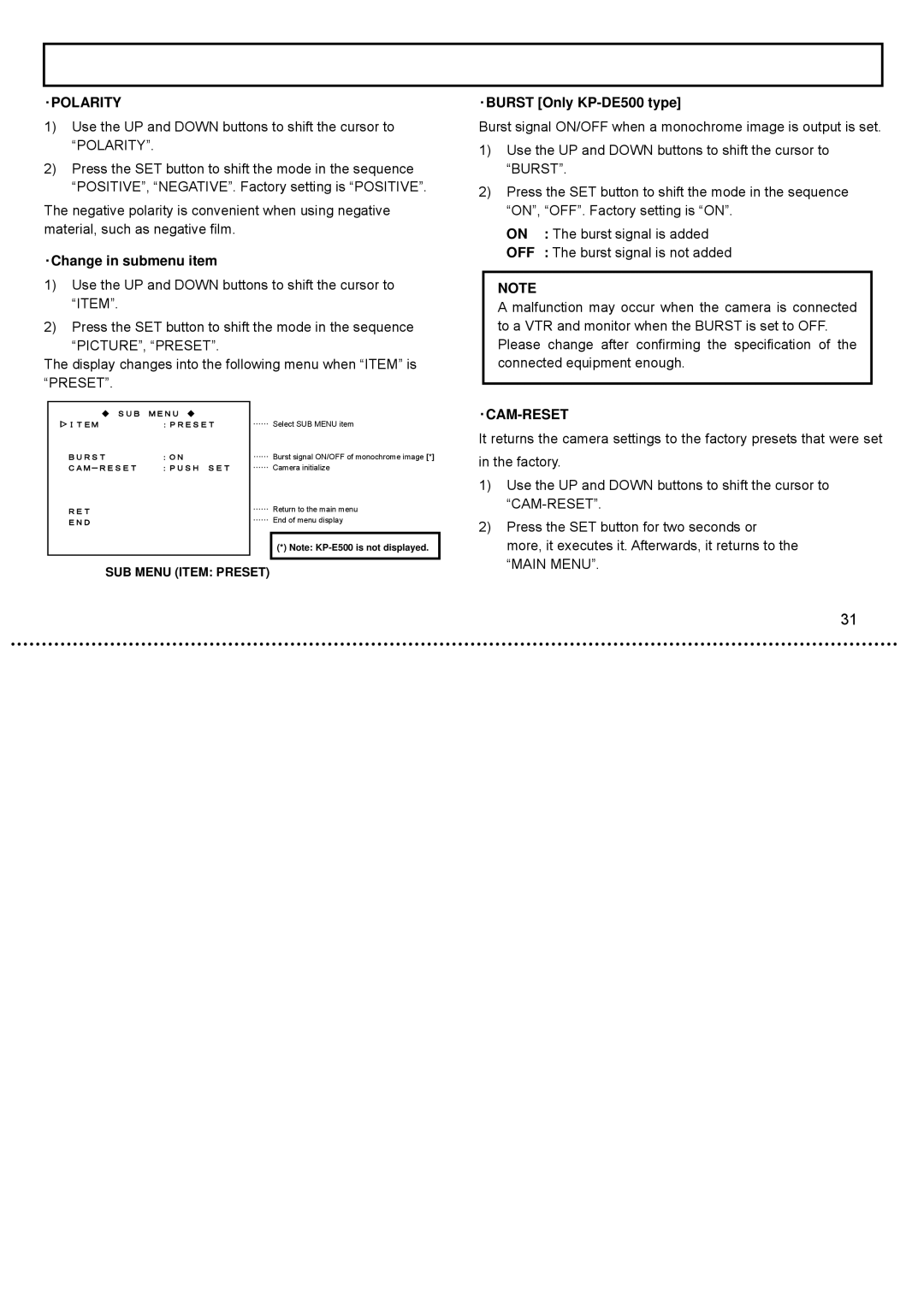 Hitachi CCD Camera ･Polarity, ･Change in submenu item, ･BURST Only KP-DE500 type, Burst signal is added, ･Cam-Reset 
