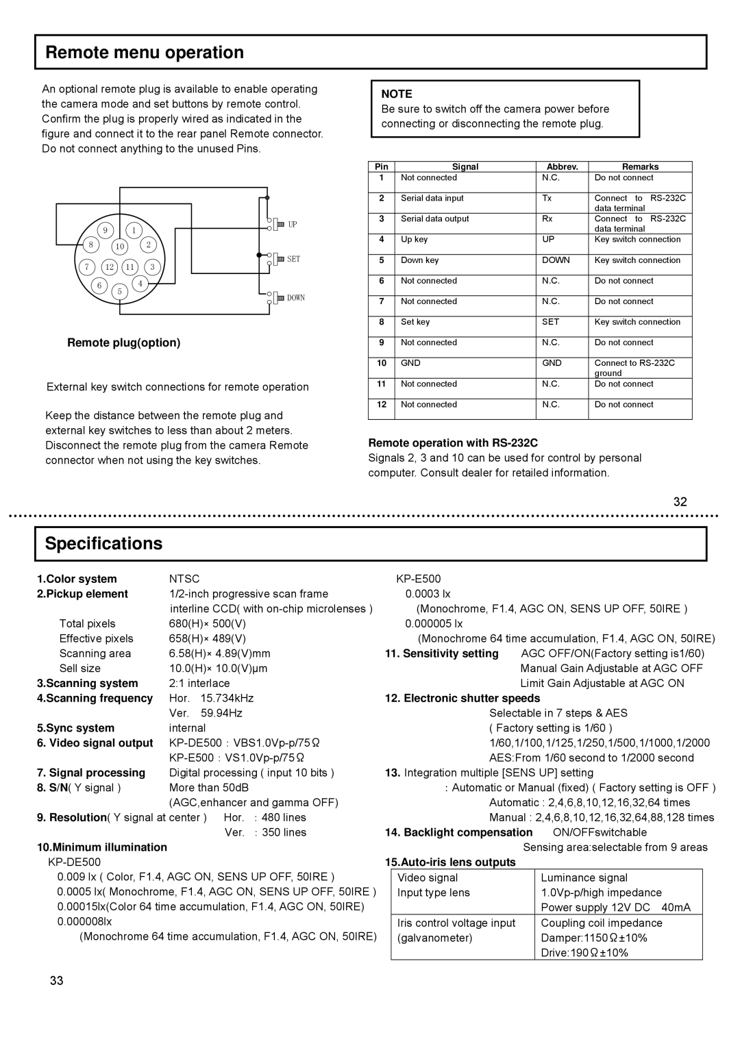 Hitachi KP-DE500, CCD Camera, KP-E500 operation manual Remote menu operation, Specifications 