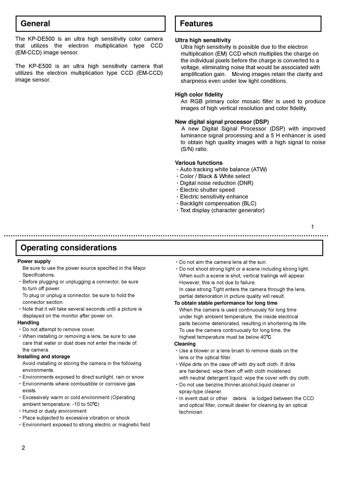 Hitachi KP-E500, CCD Camera, KP-DE500 operation manual General, Features, Operating considerations 