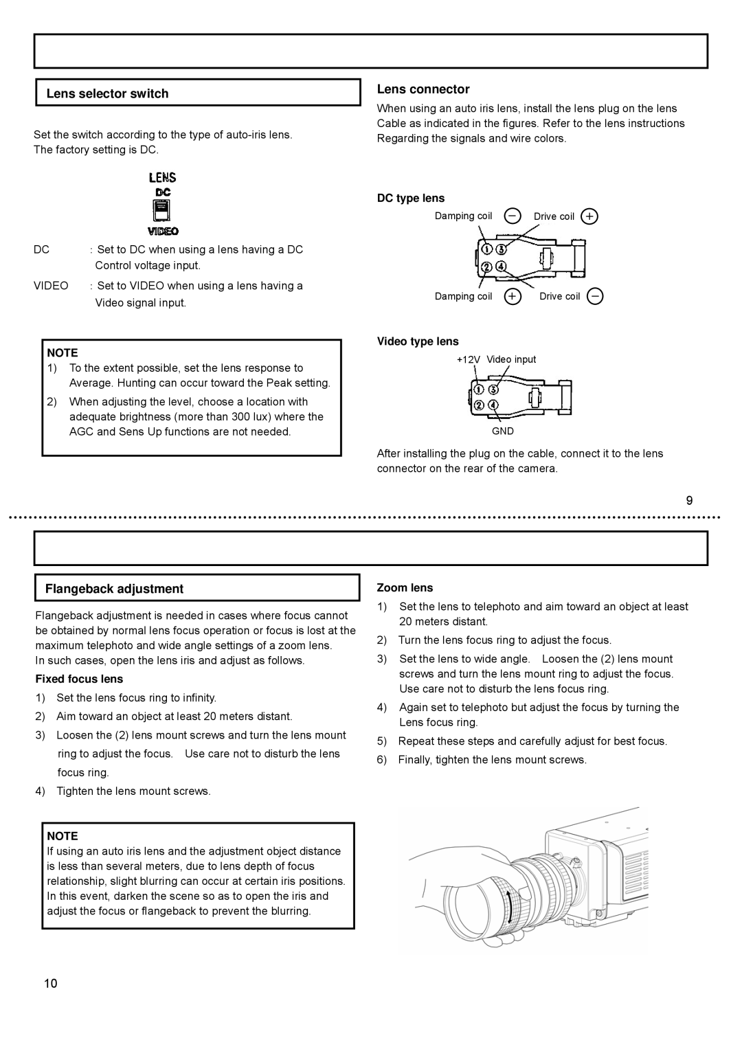 Hitachi KP-DE500, CCD Camera, KP-E500 operation manual Lens selector switch, Lens connector, Flangeback adjustment 