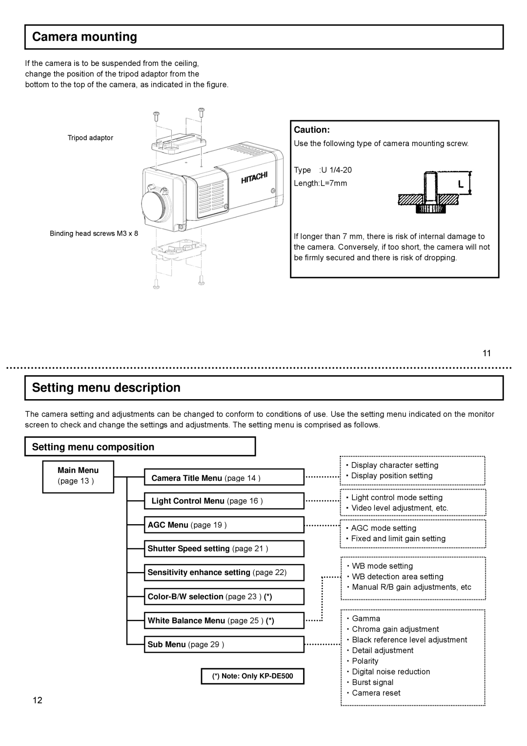 Hitachi KP-E500, CCD Camera, KP-DE500 operation manual Camera mounting, Setting menu description, Setting menu composition 