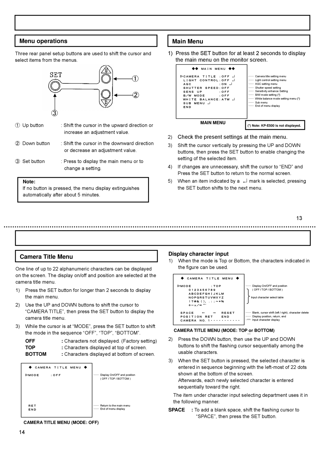 Hitachi CCD Camera, KP-DE500, KP-E500 operation manual Menu operations, Main Menu, Camera Title Menu, Display character input 