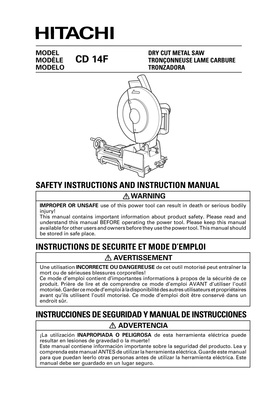 Hitachi CD 14F instruction manual Avertissement, Advertencia 