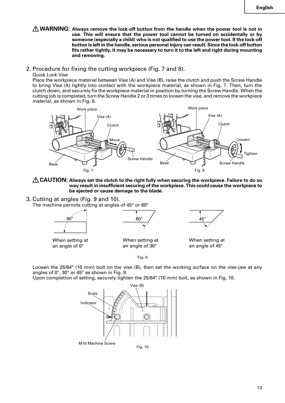 Hitachi CD 14F instruction manual Procedure for fixing the cutting workpiece, Cutting at angles 