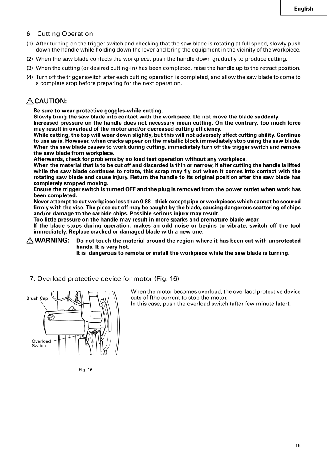 Hitachi CD 14F instruction manual Cutting Operation, Overload protective device for motor Fig 