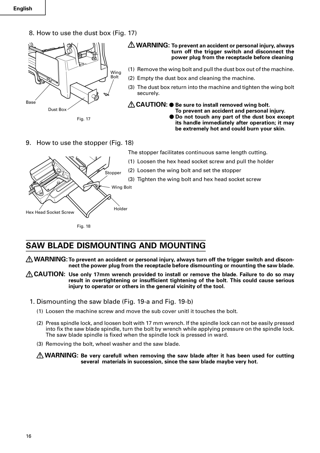 Hitachi CD 14F SAW Blade Dismounting and Mounting, How to use the dust box Fig, How to use the stopper Fig 