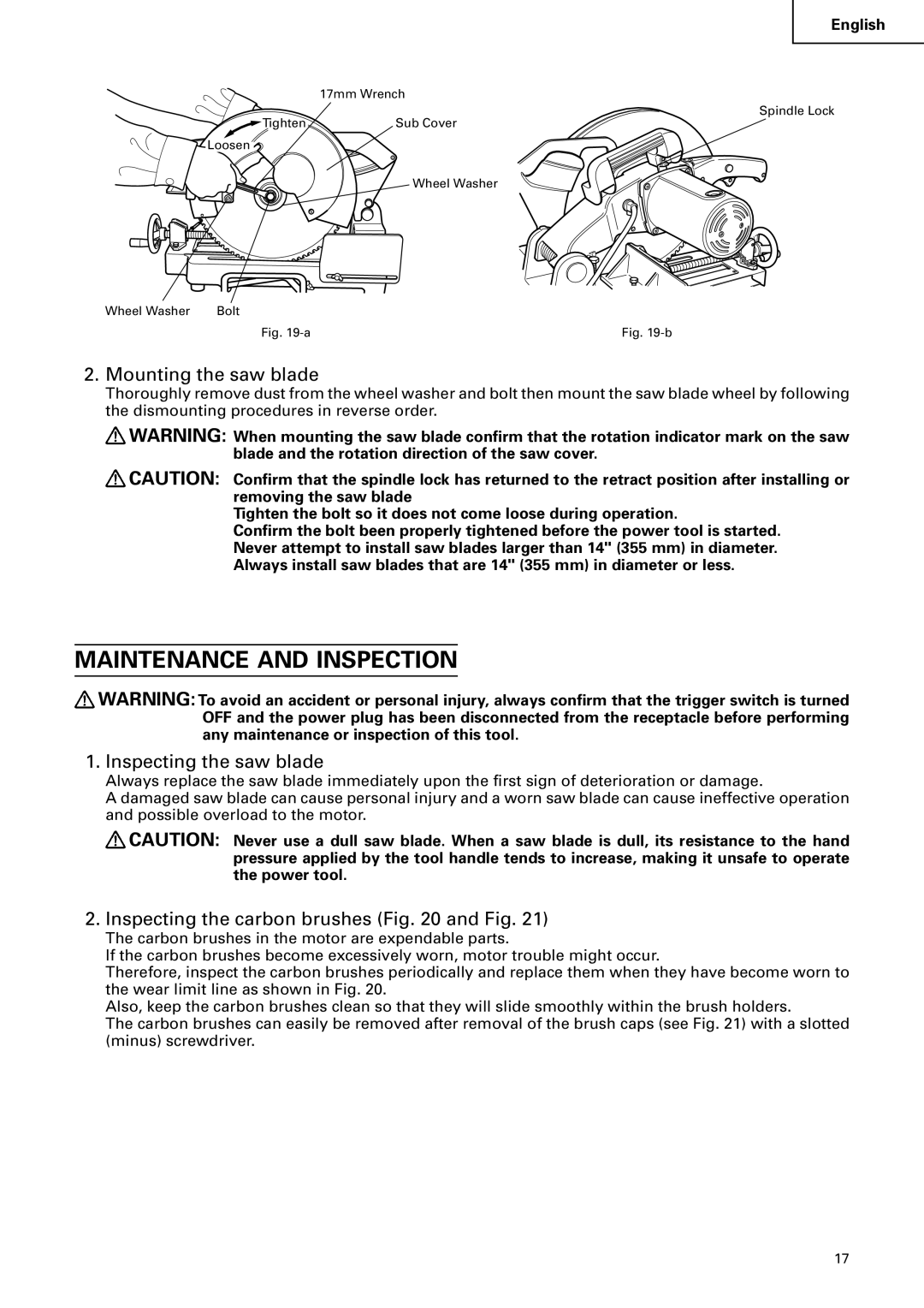 Hitachi CD 14F instruction manual Maintenance and Inspection, Mounting the saw blade, Inspecting the saw blade 