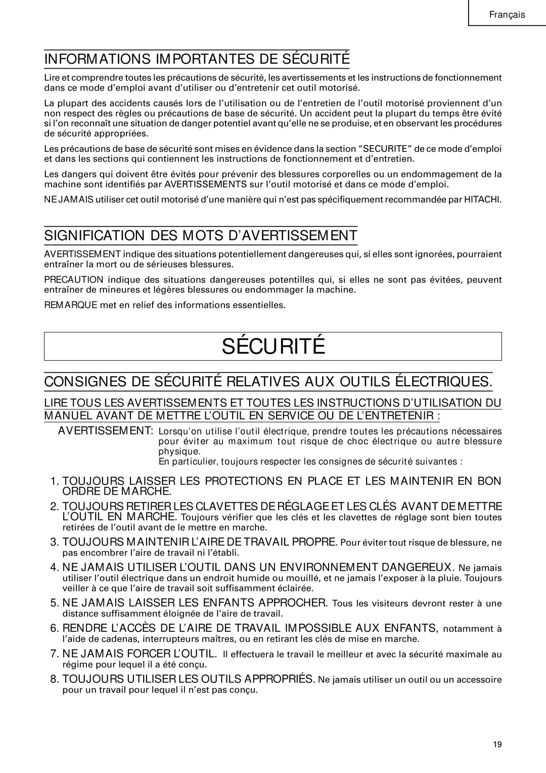 Hitachi CD 14F instruction manual Informations Importantes DE Sécurité, Signification DES Mots D’AVERTISSEMENT 