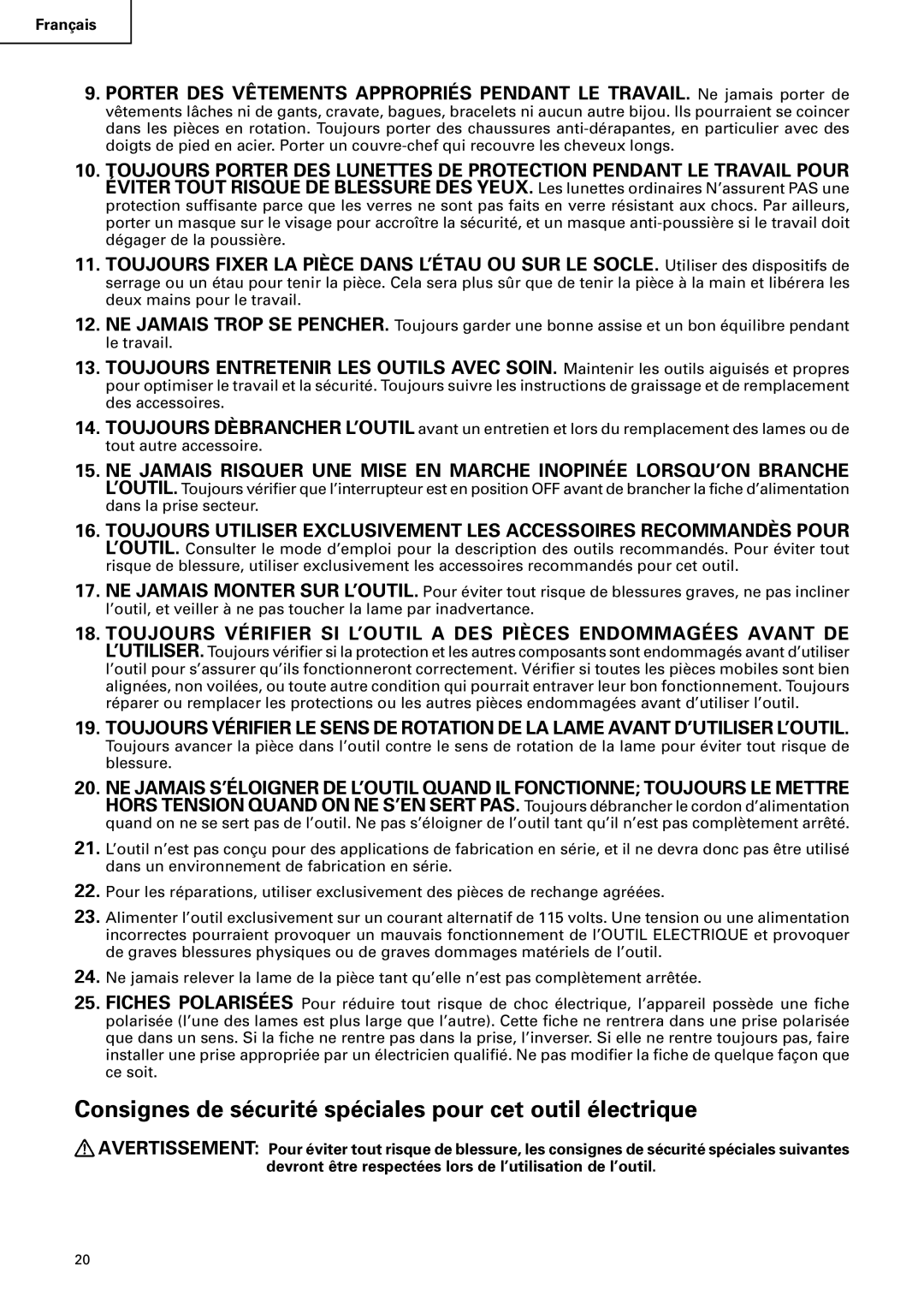 Hitachi CD 14F instruction manual Consignes de sécurité spéciales pour cet outil électrique 