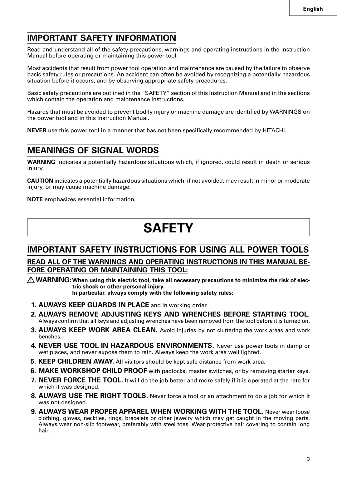 Hitachi CD 14F instruction manual Important Safety Information, Meanings of Signal Words 