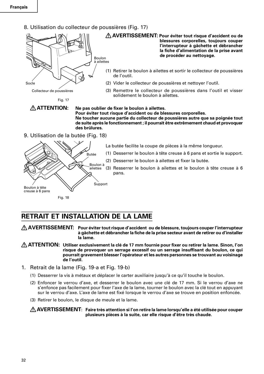 Hitachi CD 14F instruction manual Retrait ET Installation DE LA Lame, Utilisation du collecteur de poussières Fig 