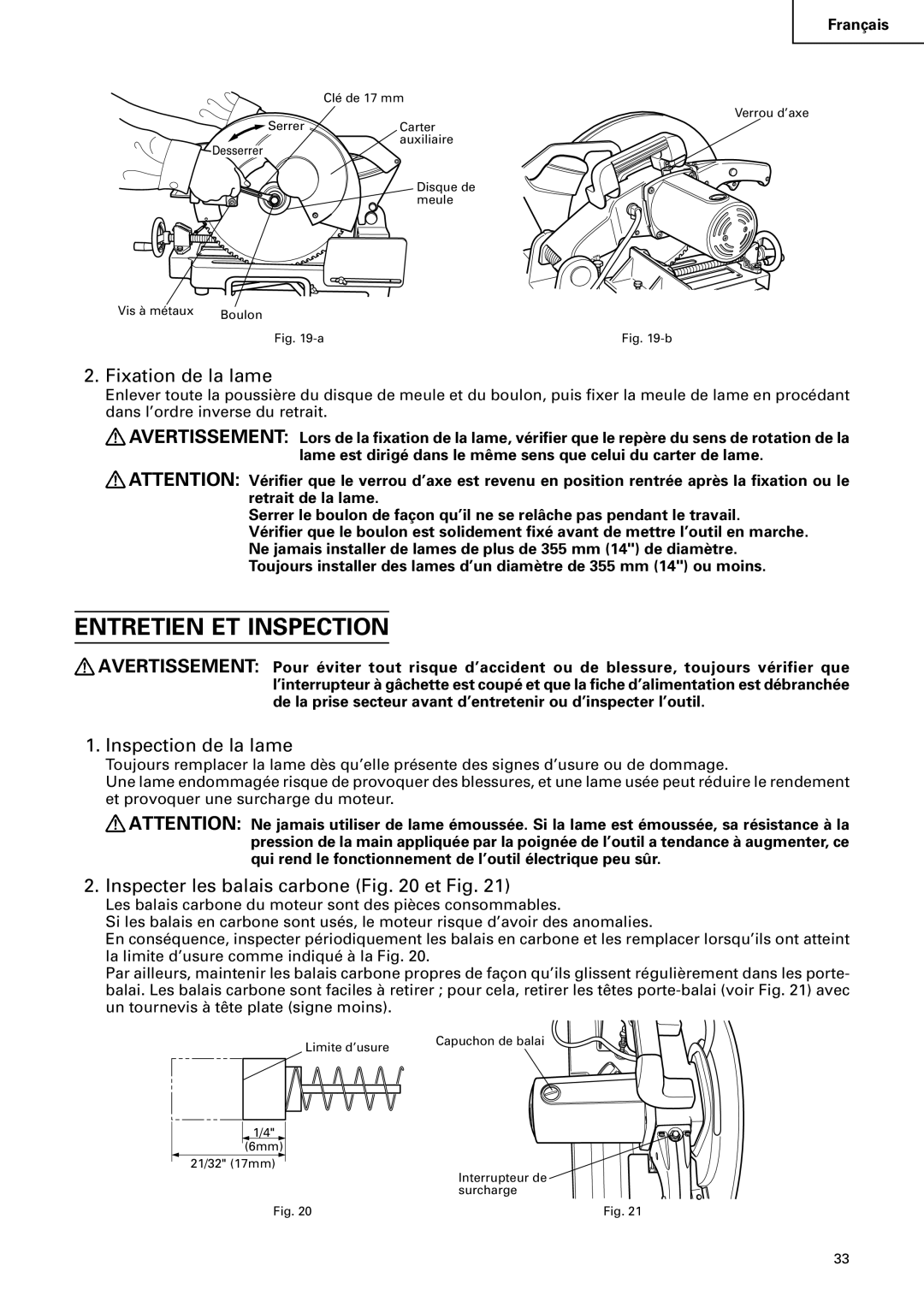 Hitachi CD 14F Entretien ET Inspection, Fixation de la lame, Inspection de la lame, Inspecter les balais carbone et Fig 