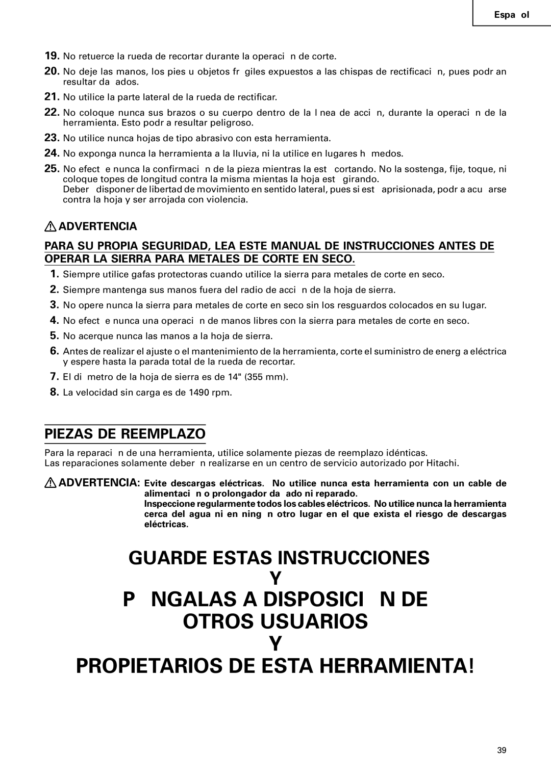 Hitachi CD 14F instruction manual Piezas DE Reemplazo 