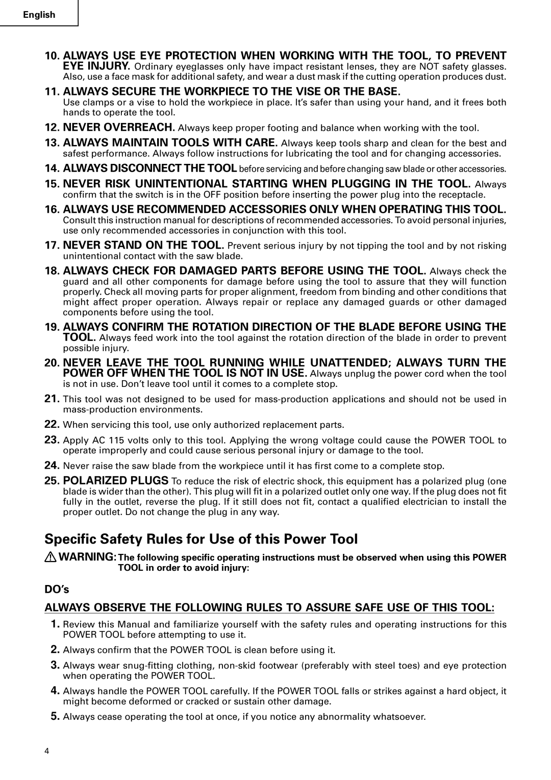 Hitachi CD 14F instruction manual Specific Safety Rules for Use of this Power Tool 