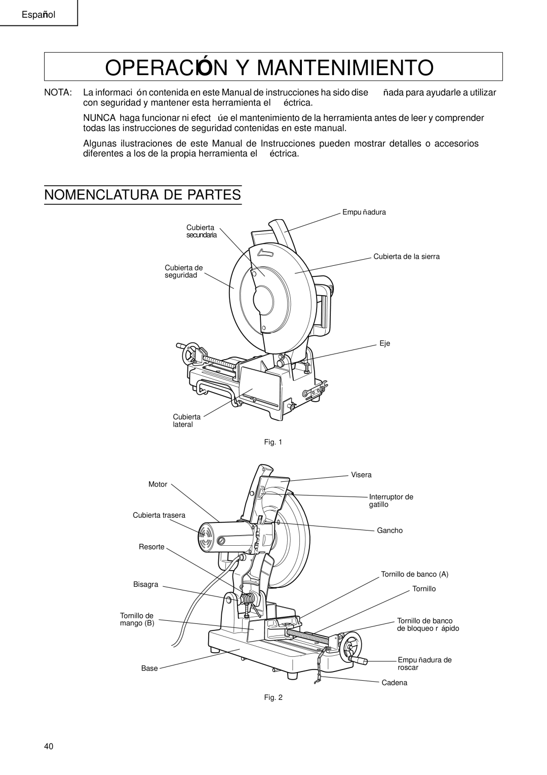 Hitachi CD 14F instruction manual Operación Y Mantenimiento, Nomenclatura DE Partes 