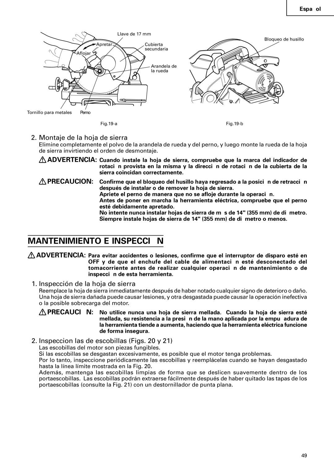 Hitachi CD 14F instruction manual Mantenimiento E Inspección, Montaje de la hoja de sierra, Inspección de la hoja de sierra 