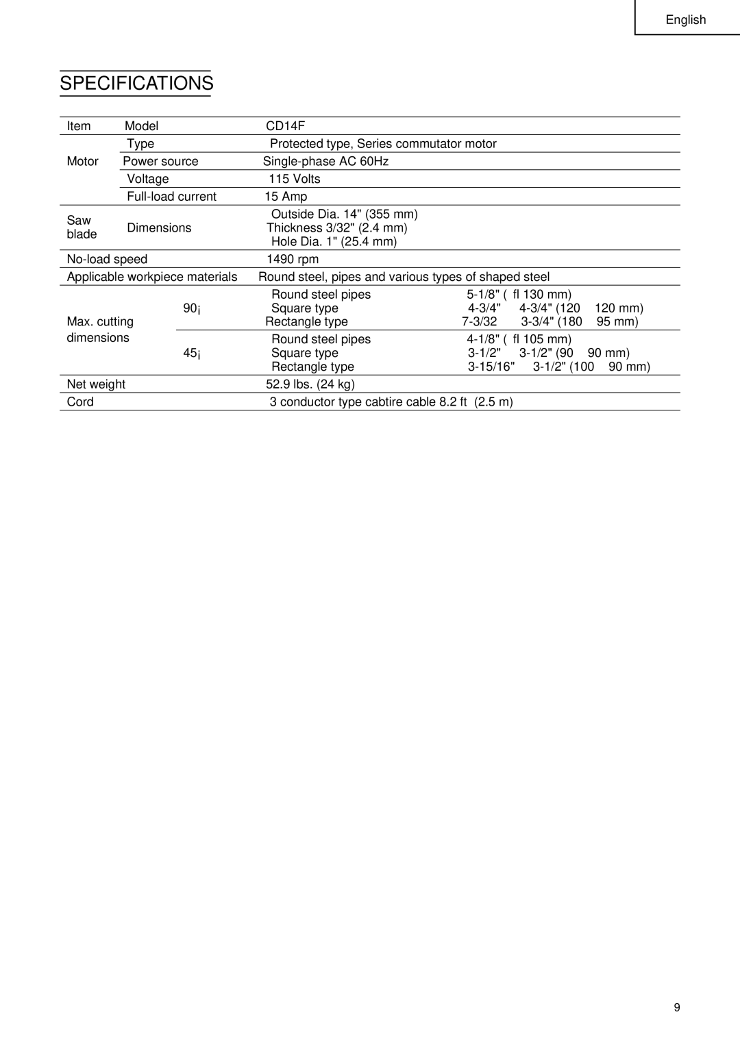 Hitachi CD 14F instruction manual Specifications, CD14F 