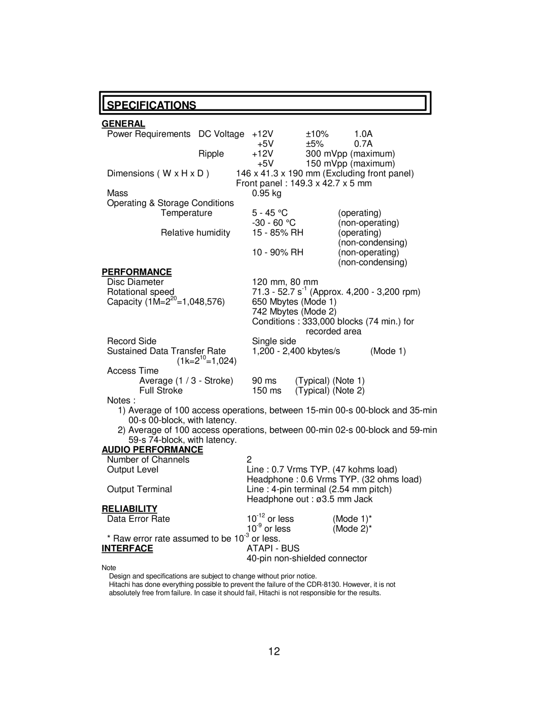 Hitachi CDR-8130 instruction manual General, Audio Performance, Reliability, Interface 