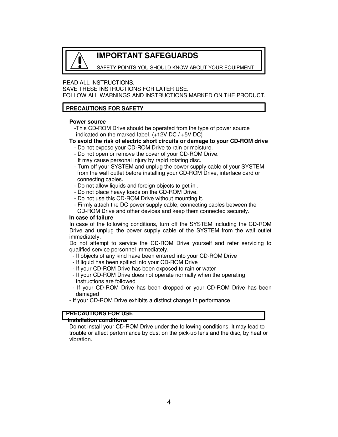 Hitachi CDR-8130 Precautions for Safety, Power source, Case of failure, Precautions for USE, Installation conditions 