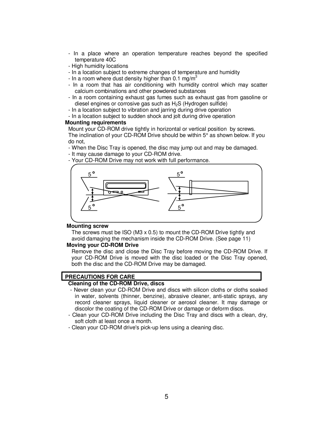 Hitachi CDR-8130 instruction manual Mounting requirements, Mounting screw, Moving your CD-ROM Drive, Precautions for Care 