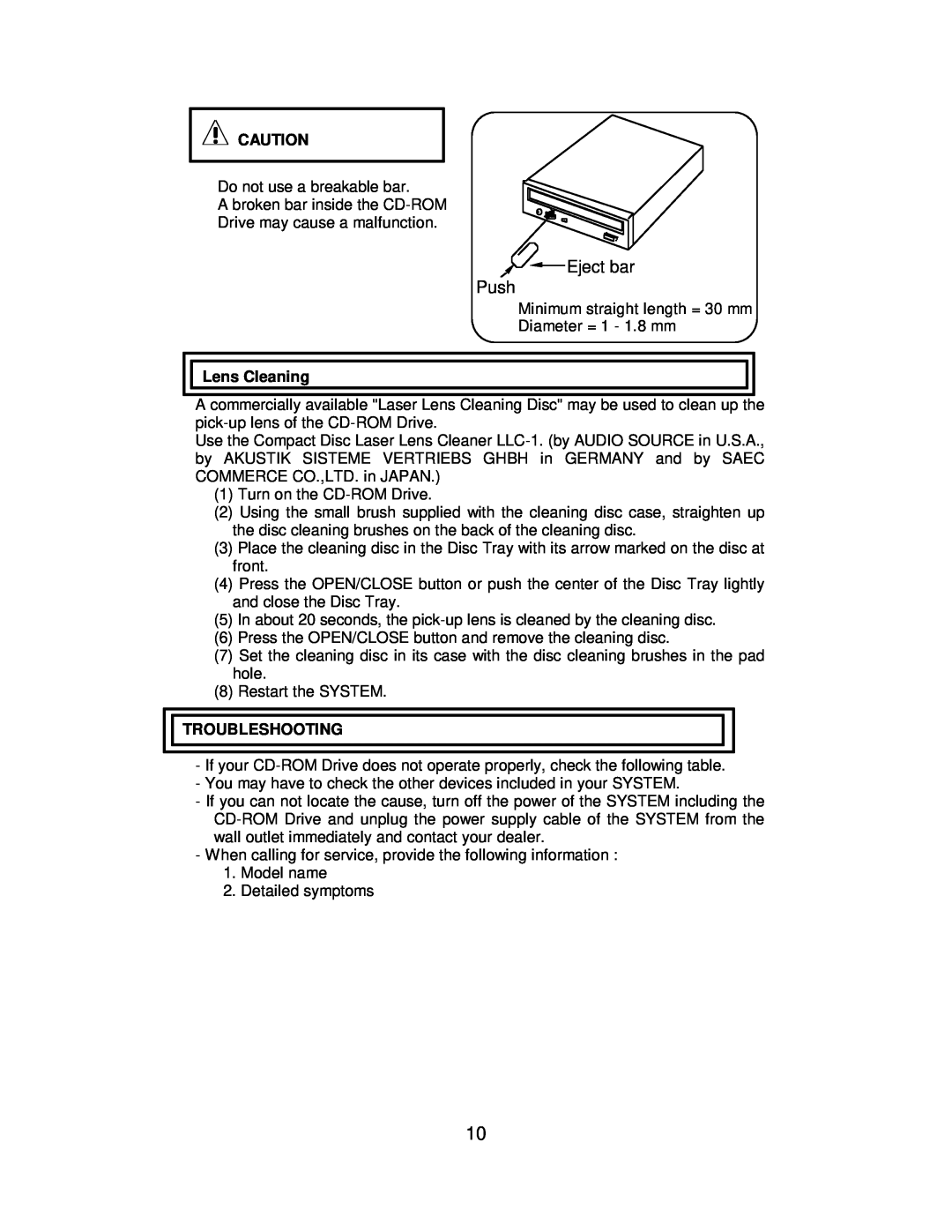 Hitachi CDR-8130 instruction manual Eject bar Push, Lens Cleaning, Troubleshooting 