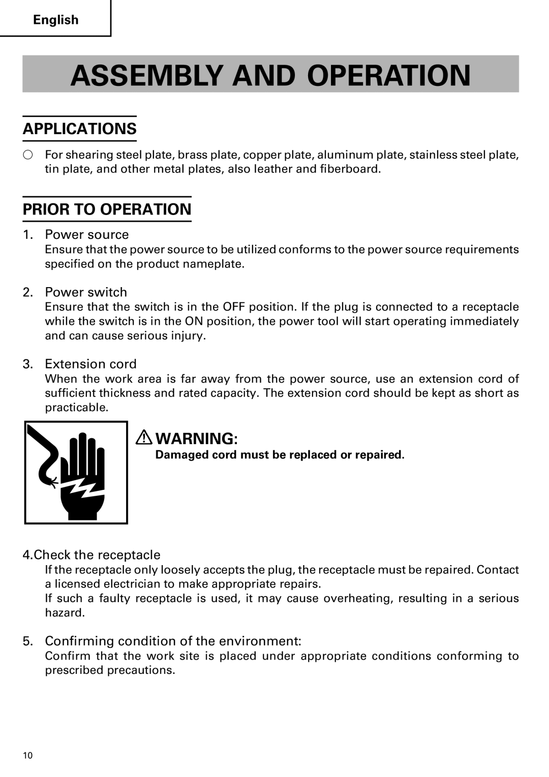 Hitachi CE 16SA instruction manual Assembly and Operation, Applications, Prior to Operation 