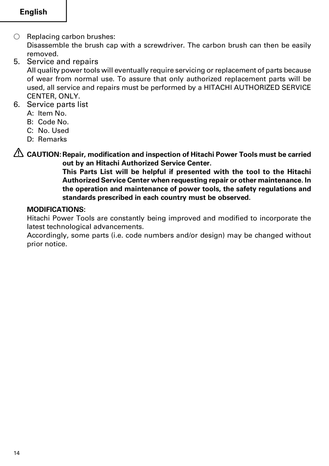 Hitachi CE 16SA instruction manual Service and repairs, Service parts list 