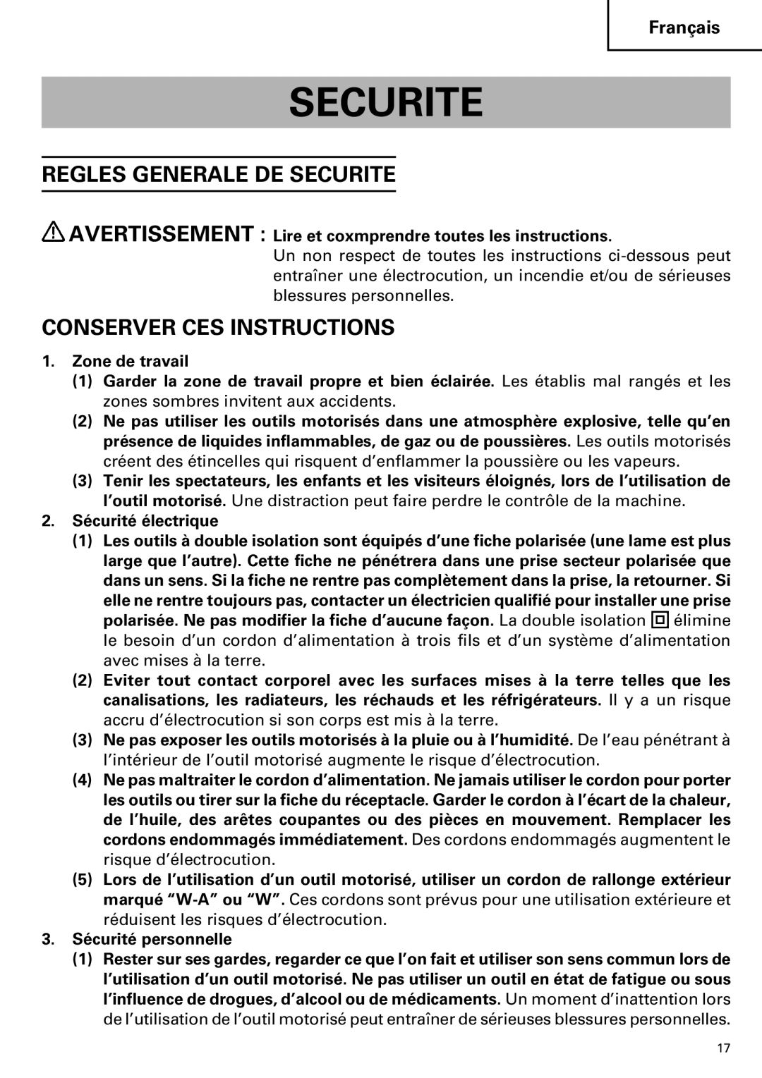 Hitachi CE 16SA instruction manual Regles Generale DE Securite, Conserver CES Instructions 