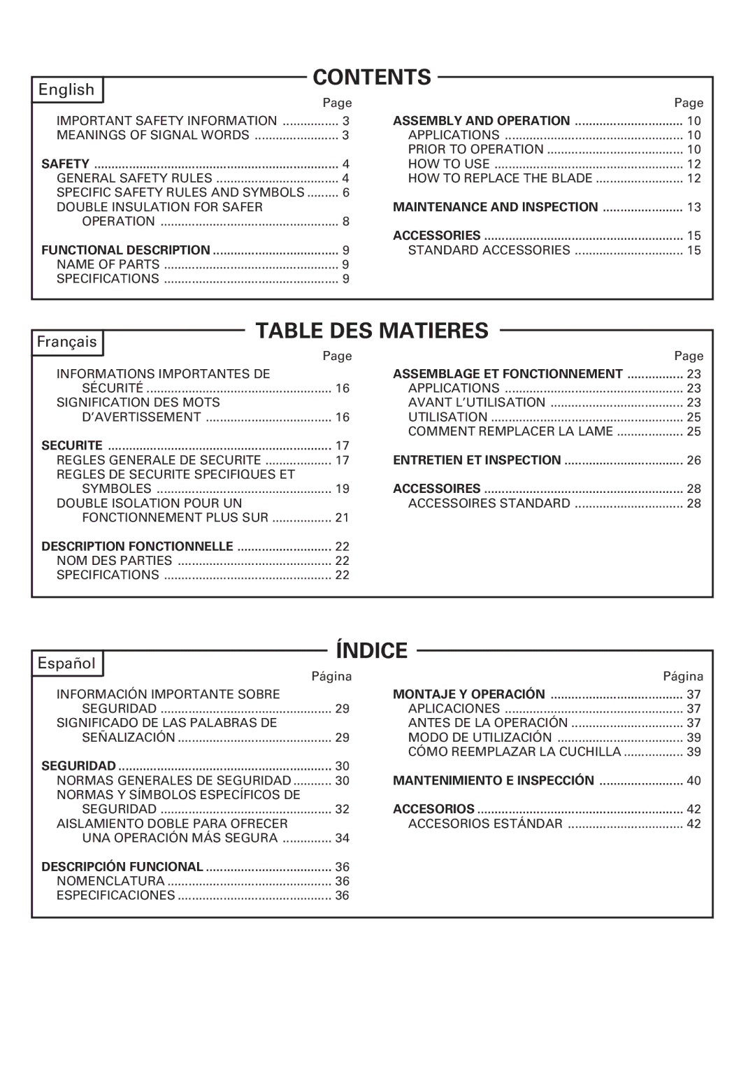 Hitachi CE 16SA instruction manual Contents, Table DES Matieres 