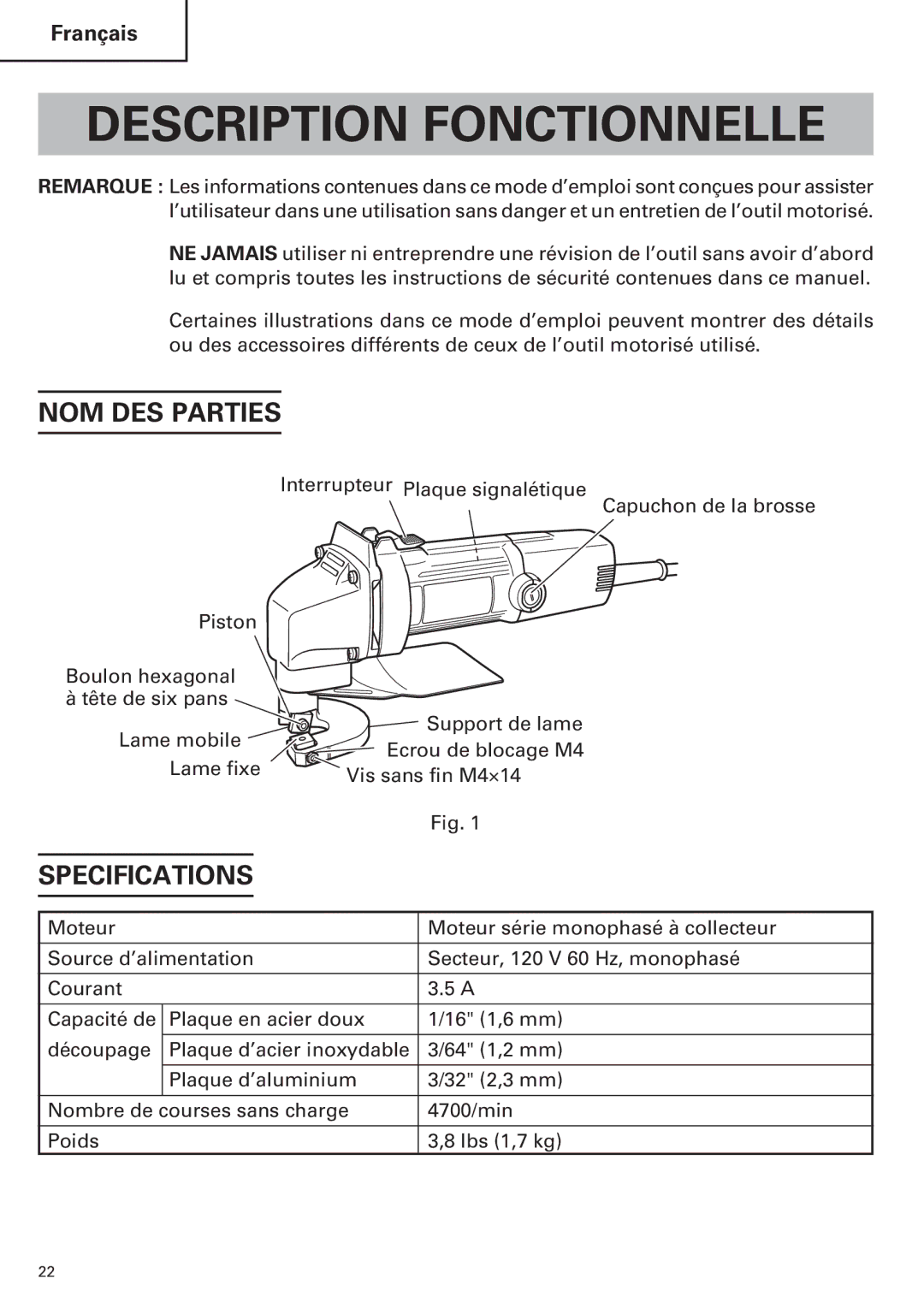 Hitachi CE 16SA instruction manual Description Fonctionnelle, NOM DES Parties 
