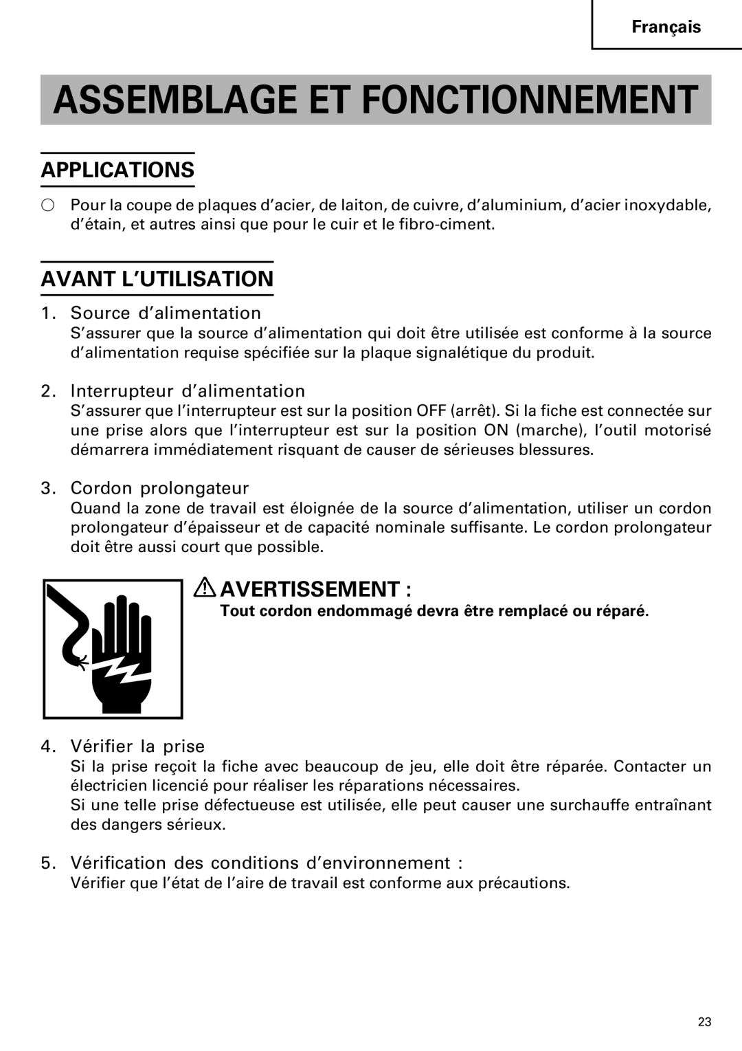 Hitachi CE 16SA instruction manual Avant L’UTILISATION 