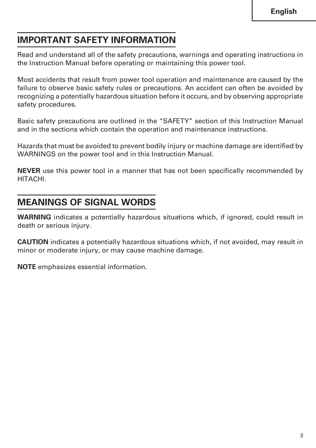 Hitachi CE 16SA instruction manual Important Safety Information, Meanings of Signal Words 