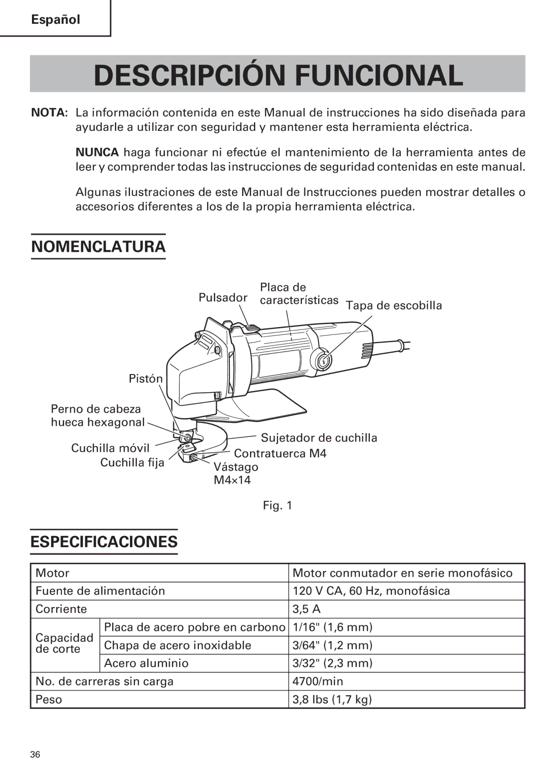 Hitachi CE 16SA instruction manual Descripción Funcional, Nomenclatura, Especificaciones 