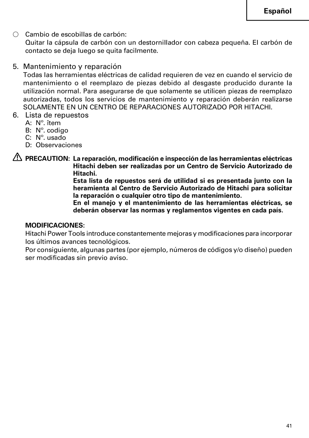 Hitachi CE 16SA instruction manual Mantenimiento y reparación, Lista de repuestos 