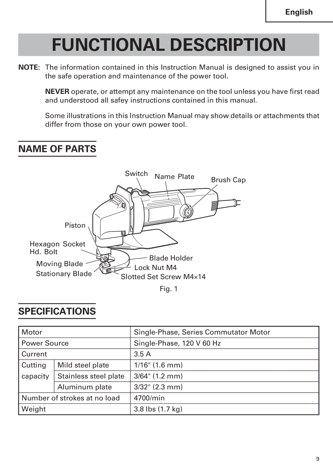 Hitachi CE 16SA instruction manual Functional Description, Name of Parts, Specifications 