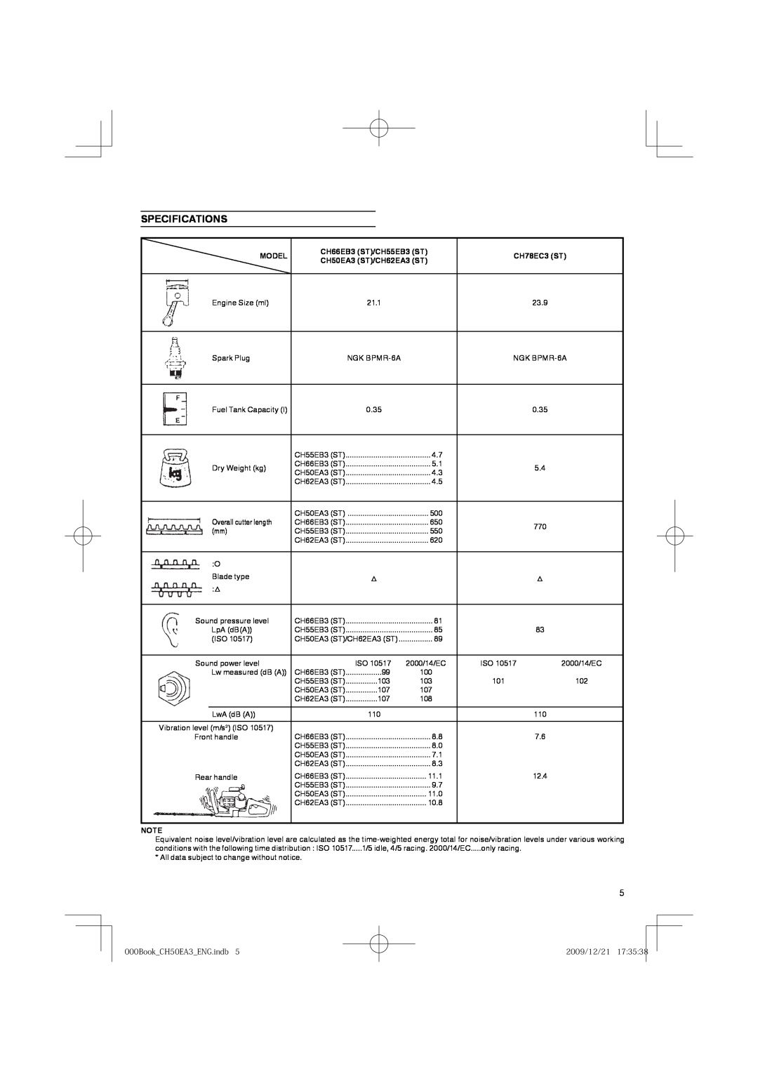 Hitachi CH 62EA3 (ST)/CH 66EB3 (ST) manual Specifications, Model, CH66EB3 ST/CH55EB3 ST, CH78EC3 ST, CH50EA3 ST/CH62EA3 ST 
