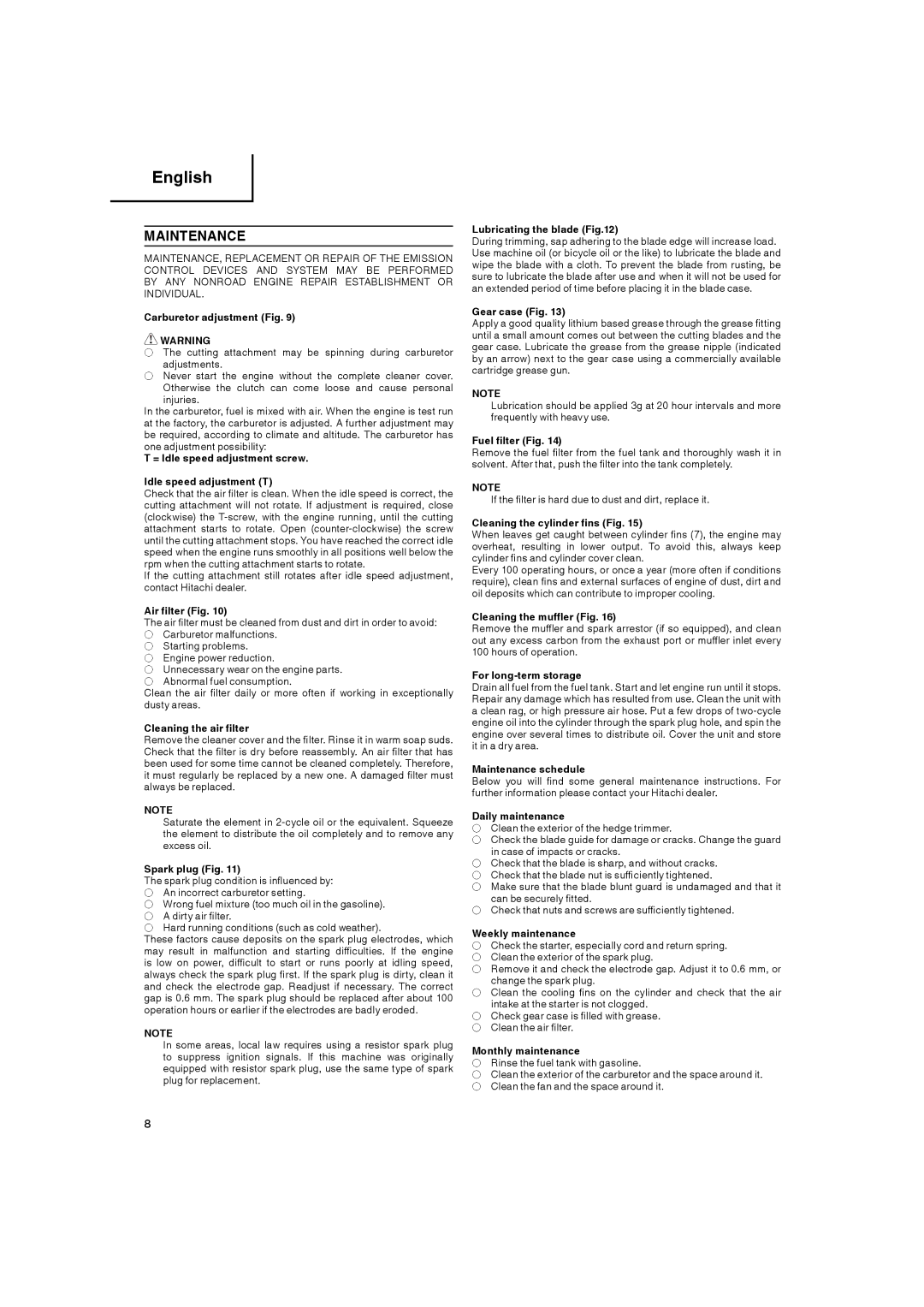 Hitachi CH 22EAP2 (50ST), CH22ECP2 (62ST), CH 22ECP2 (62ST), CH 22EBP2 (62ST) manual Maintenance, Carburetor adjustment Fig 