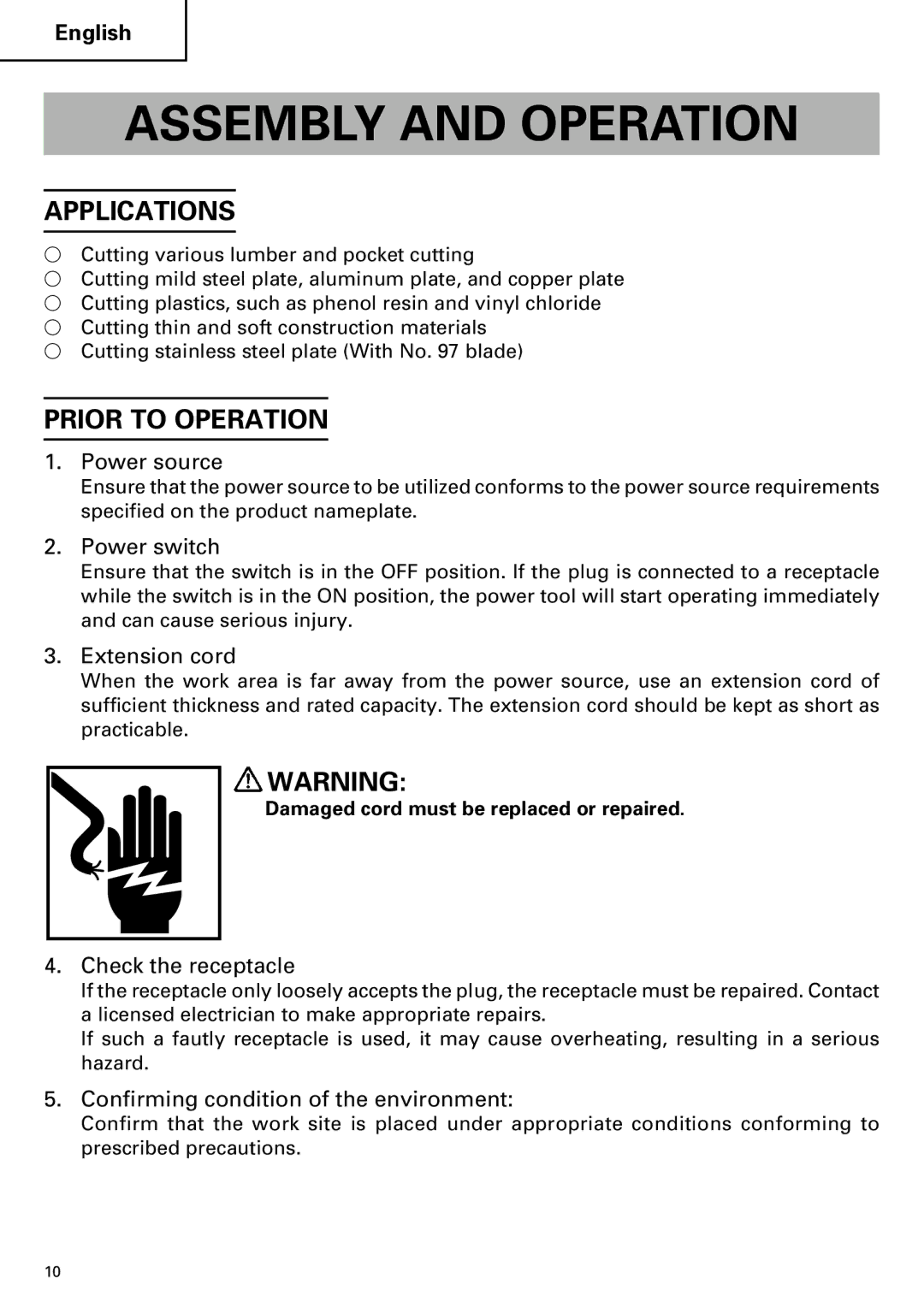 Hitachi CJ110MV instruction manual Assembly and Operation, Applications, Prior to Operation 