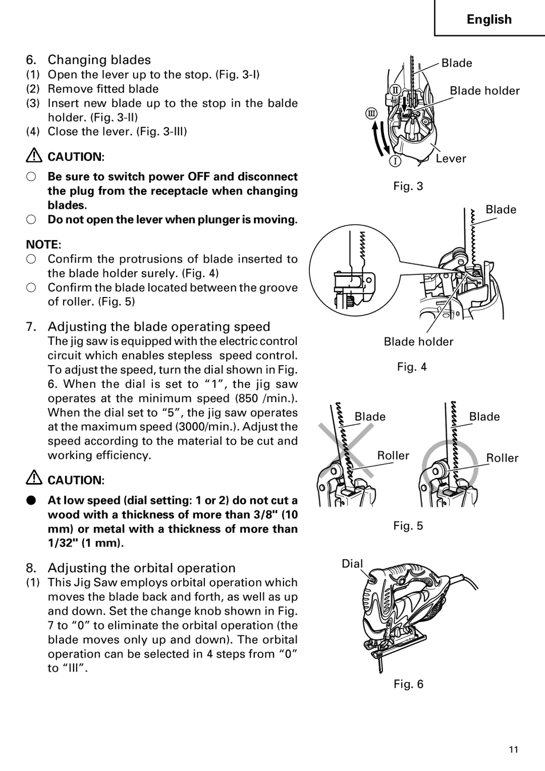 Hitachi CJ110MV instruction manual Changing blades, Adjusting the blade operating speed, Adjusting the orbital operation 