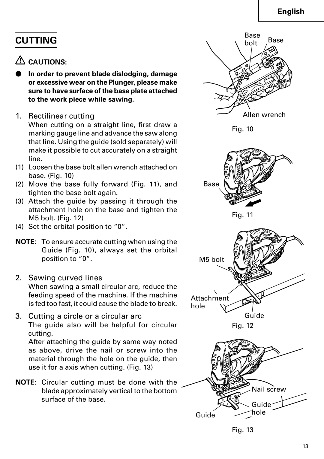 Hitachi CJ110MV instruction manual Rectilinear cutting, Sawing curved lines, Cutting a circle or a circular arc 