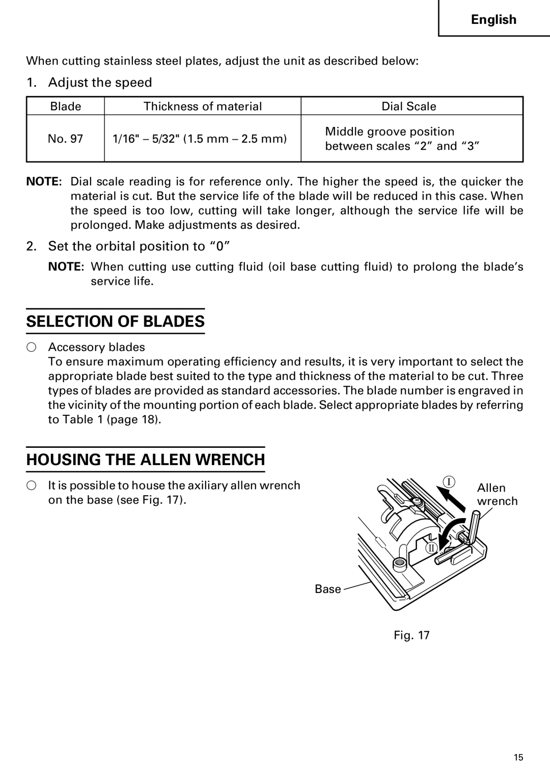 Hitachi CJ110MV Selection of Blades, Housing the Allen Wrench, Adjust the speed, Set the orbital position to 